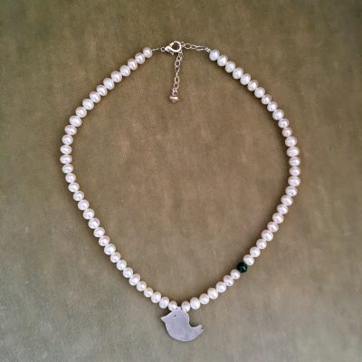 00275 Collier argent 925, perles d’eau douce et malachite